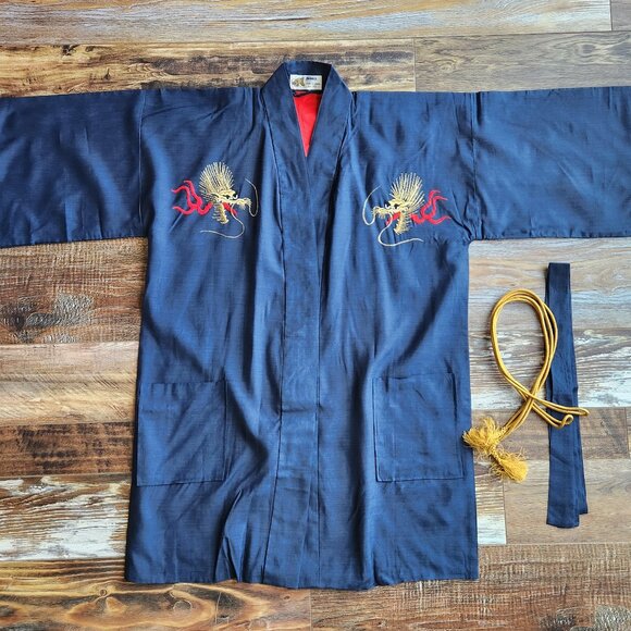 Japanese Dragon Embroidered Silk Kimono Robe Belt Blue Men's Made in Japan - Picture 2 of 12